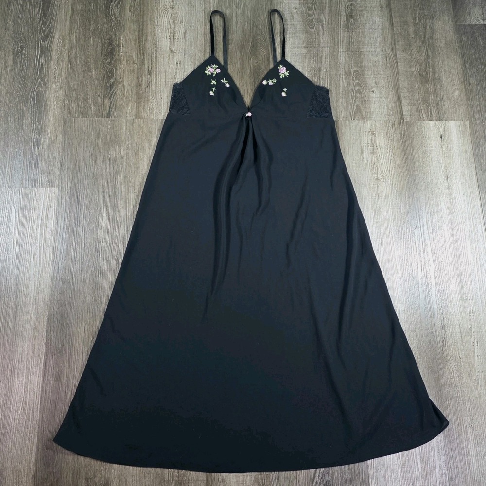 Oscar de la Renta Pink Label Black  XL Slip Dress Lingerie Night Gown Roses Sexy